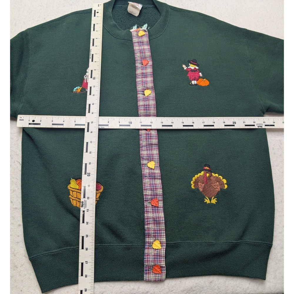 Vintage Jerzees Cardigan Sweatshirt Womens XL Thanksgiving Embroidered Plaid - Picture 3 of 8